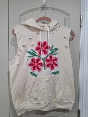 Free People x Tricia Fix Tufted Flower Cutoff Hoodie Xs NWT